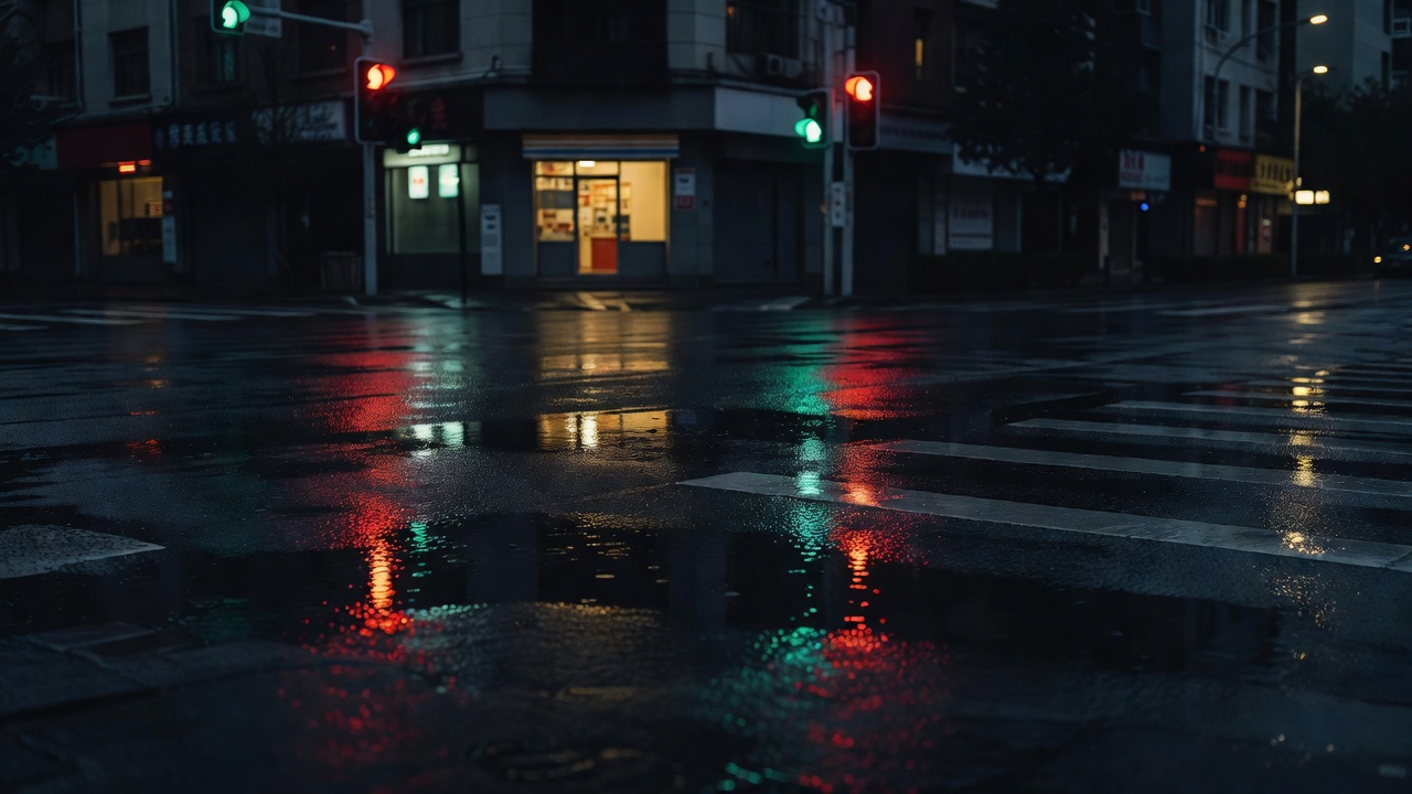 夜晚城市街道路口与便利店橱窗灯光交错的实景照片
